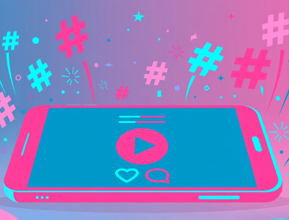 Smartphone with video play button surrounded by floating hashtag symbols for TikTok growth guide