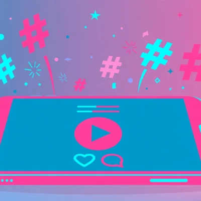 Smartphone with video play button surrounded by floating hashtag symbols for TikTok growth guide