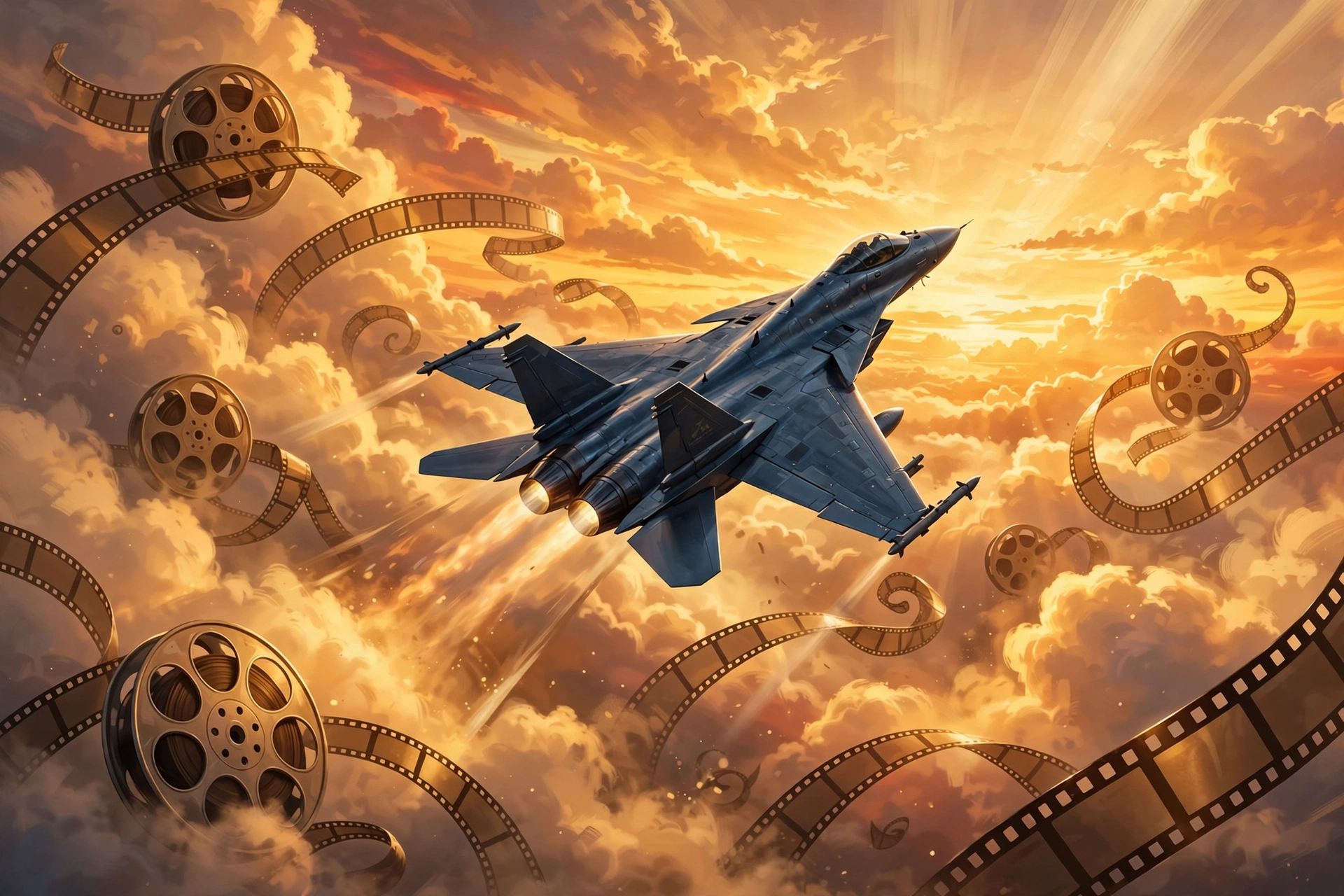 Illustration of a fighter jet in golden clouds symbolizing Tom Cruise Top Gun earnings 2026