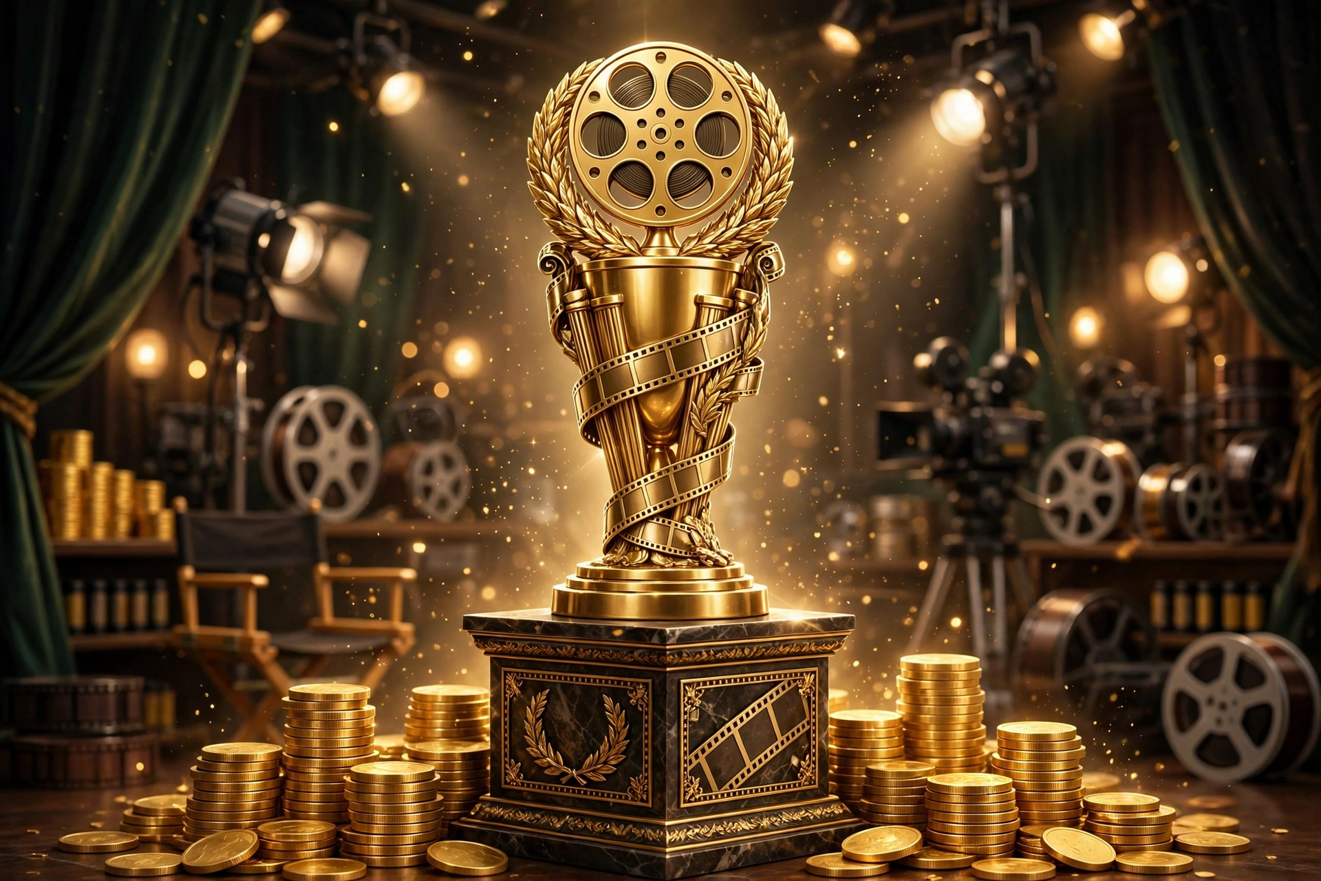 Illustration of a golden film trophy with coins symbolizing Tom Cruise movie fortune 2026