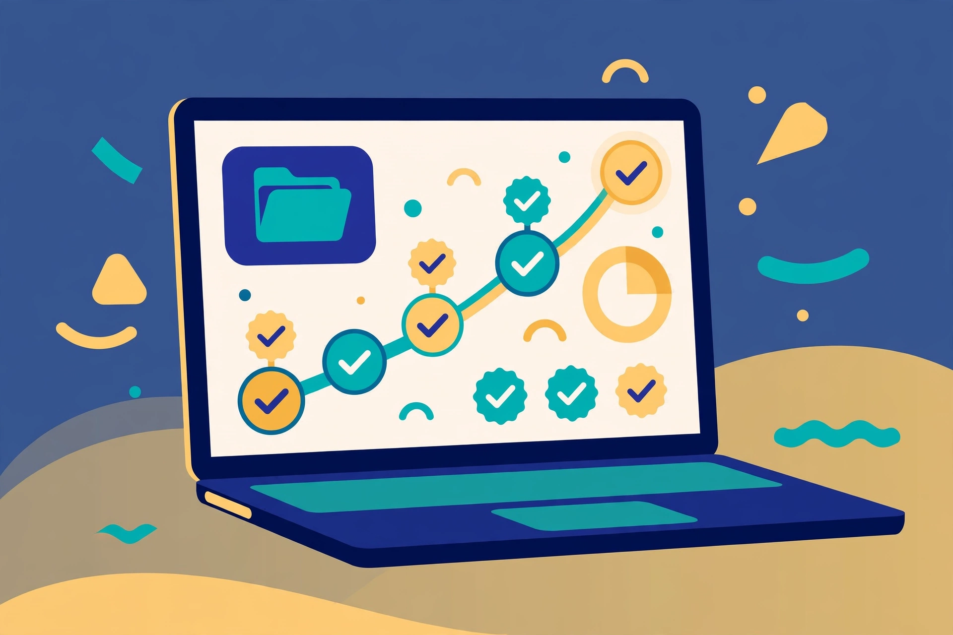 Editorial illustration of a laptop showing a case tracking dashboard with a rising progress line and checkmarks