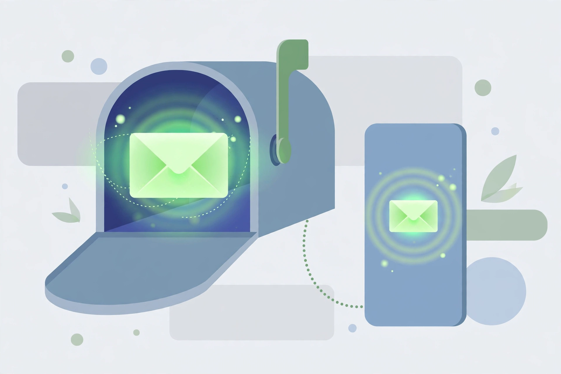 Editorial illustration of a mailbox and smartphone with glowing notification envelopes