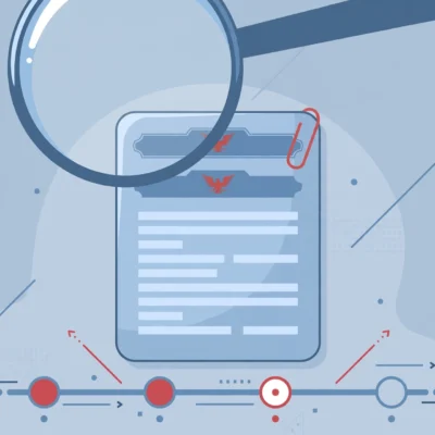 Editorial illustration of a magnifying glass over an official immigration document with a case progress timeline