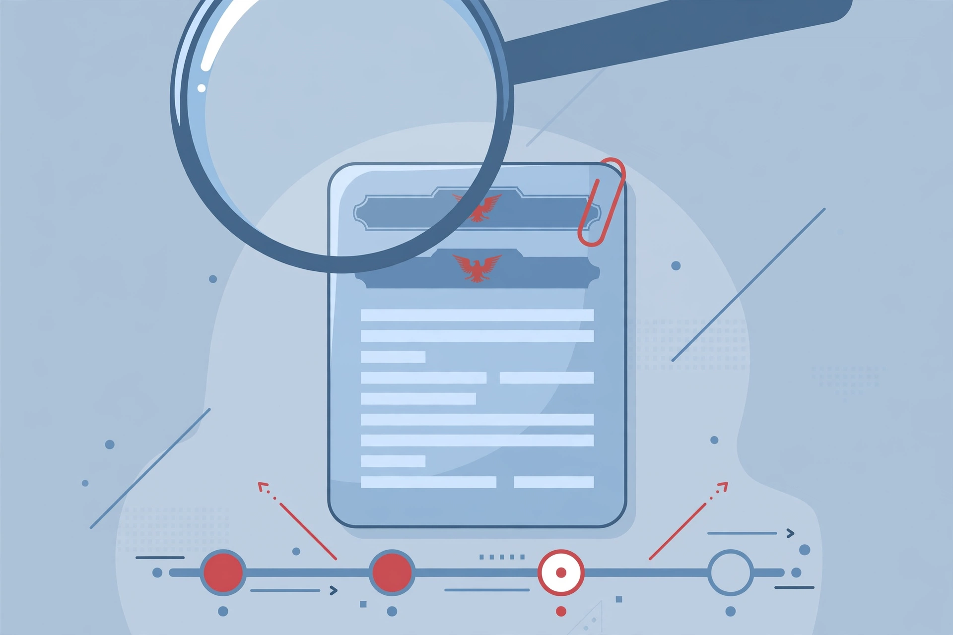 Editorial illustration of a magnifying glass over an official immigration document with a case progress timeline