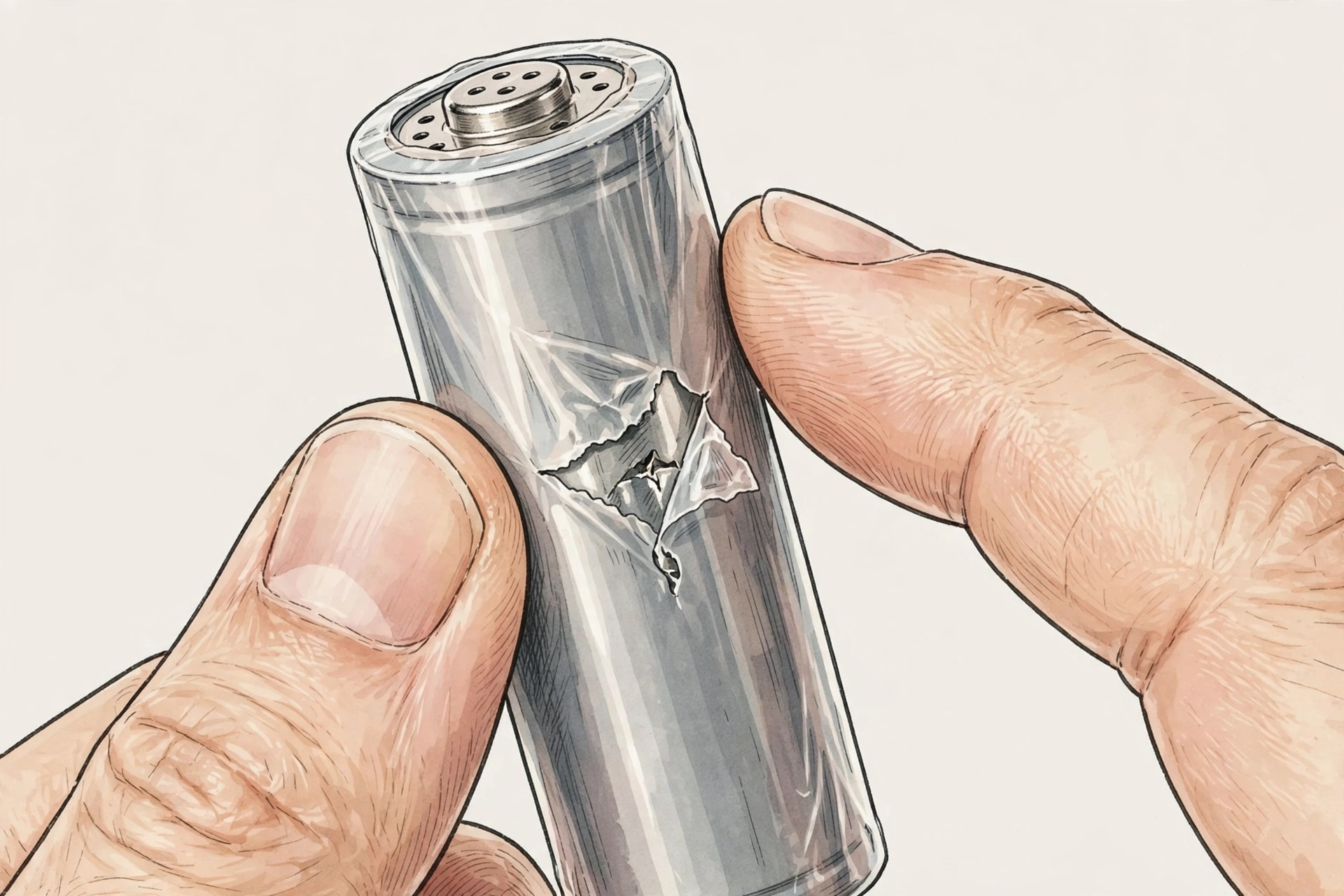 Inspecting vape battery wrap for damage, battery safety check illustration