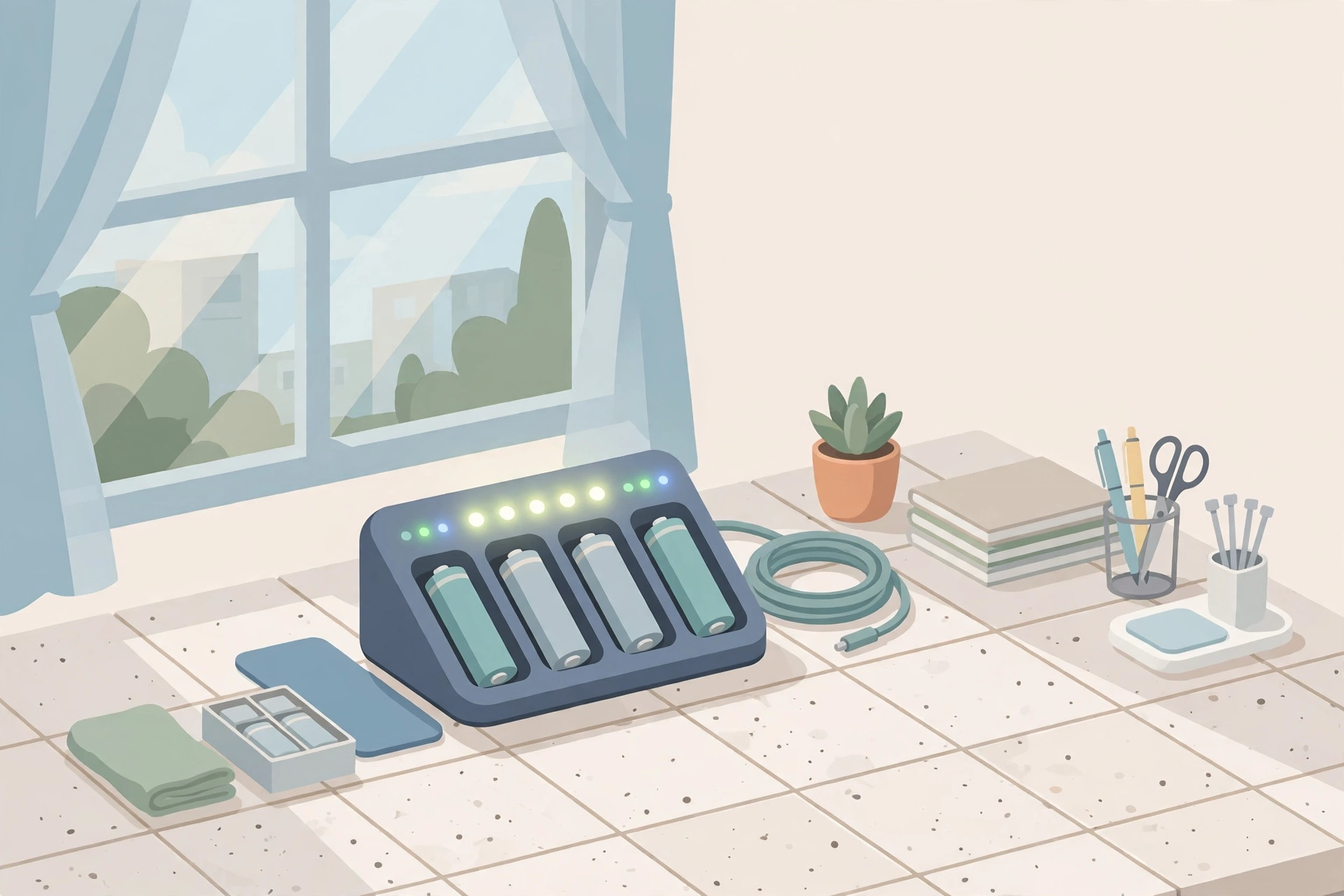 Vape battery charger on fire-safe tile surface, safe charging setup illustration