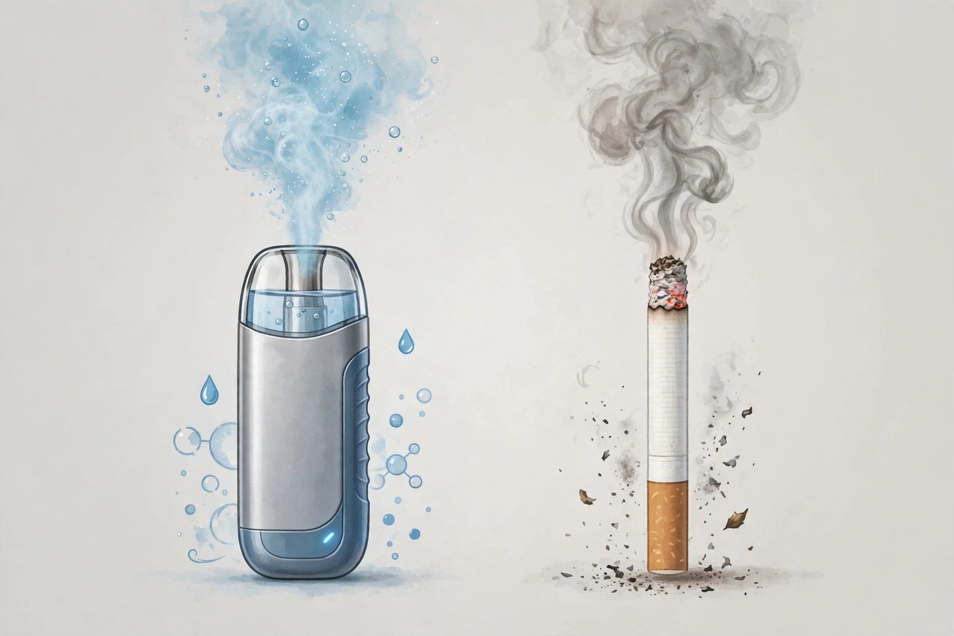 Vape device beside a traditional cigarette, visual vape vs cigarettes comparison