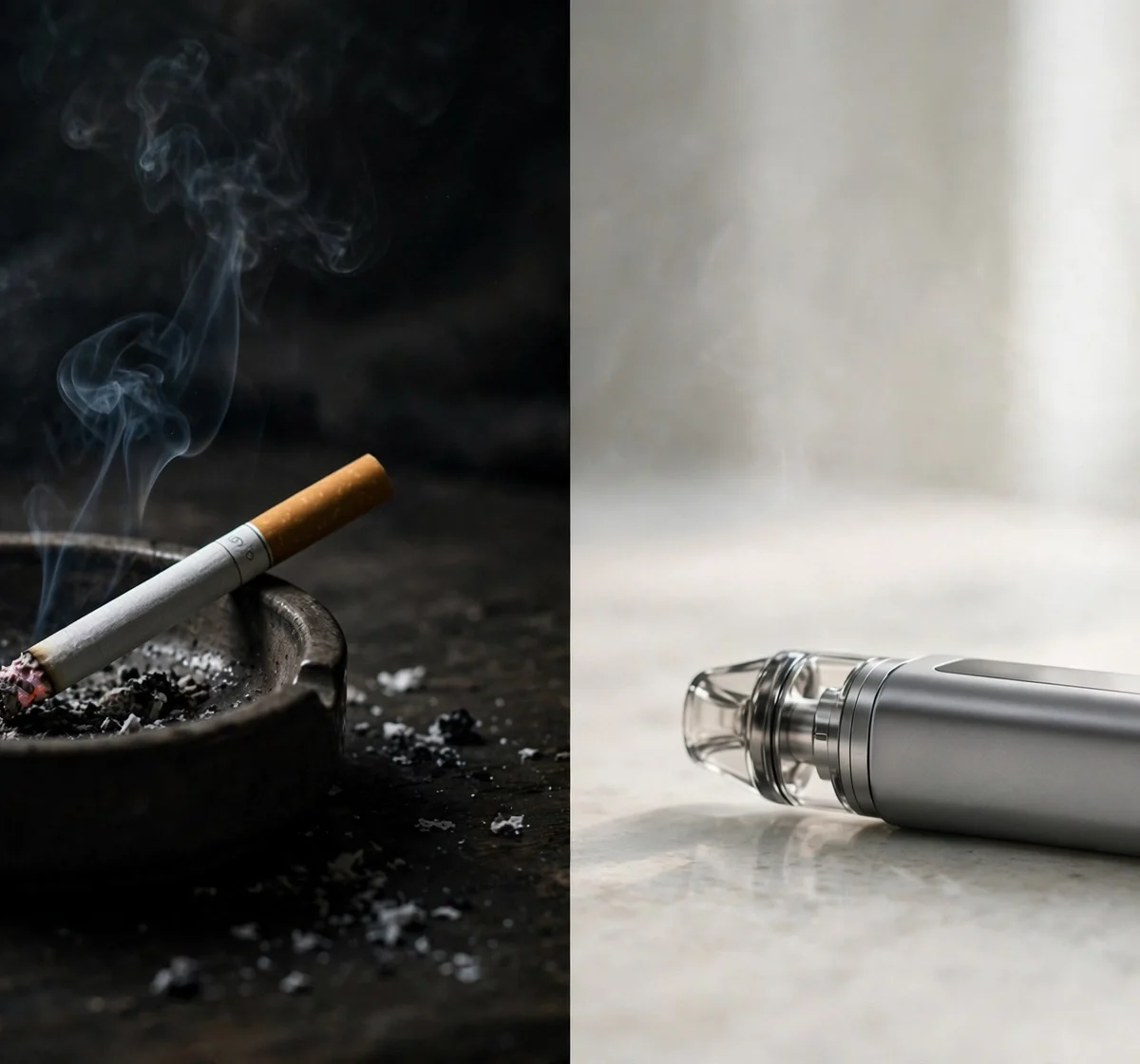 Split comparison of a cigarette in an ashtray versus a modern vape device