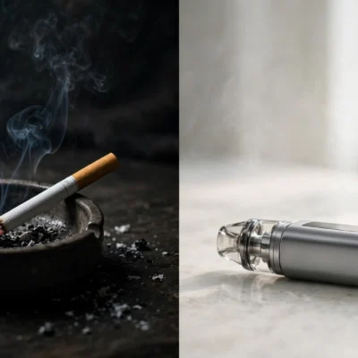 Split comparison of a cigarette in an ashtray versus a modern vape device
