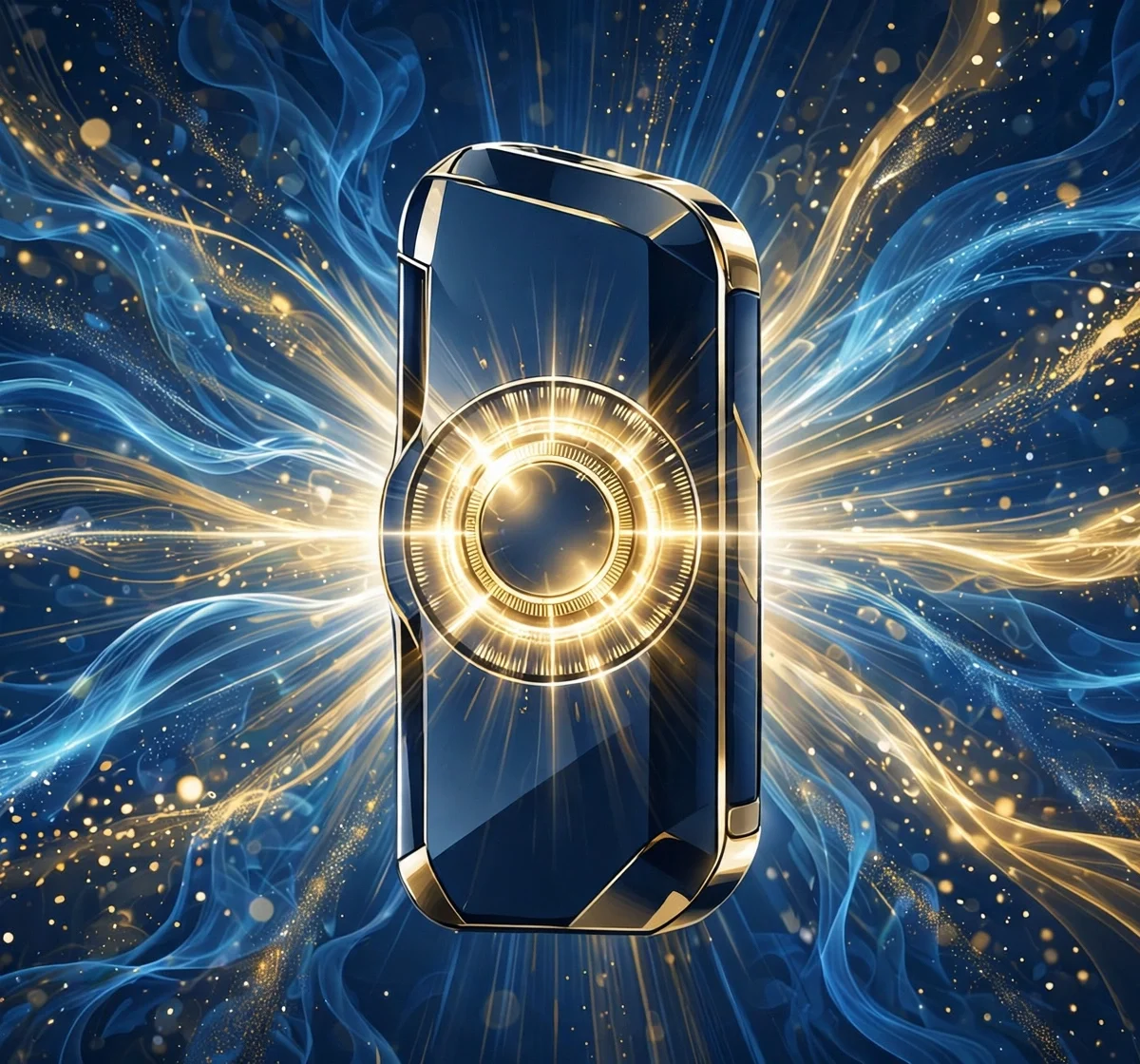 Vape mod device with glowing power dial and energy waves illustrating wattage settings