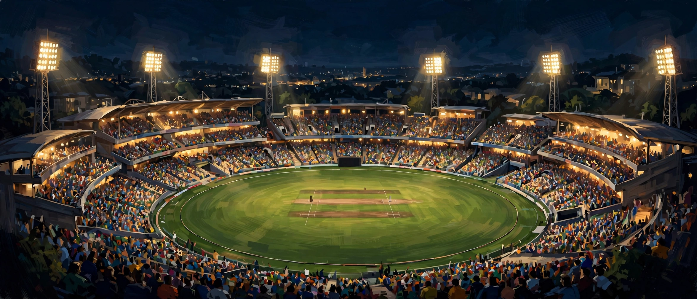Illustration of a packed cricket stadium under floodlights symbolizing Virat Kohli IPL earnings and cricket career