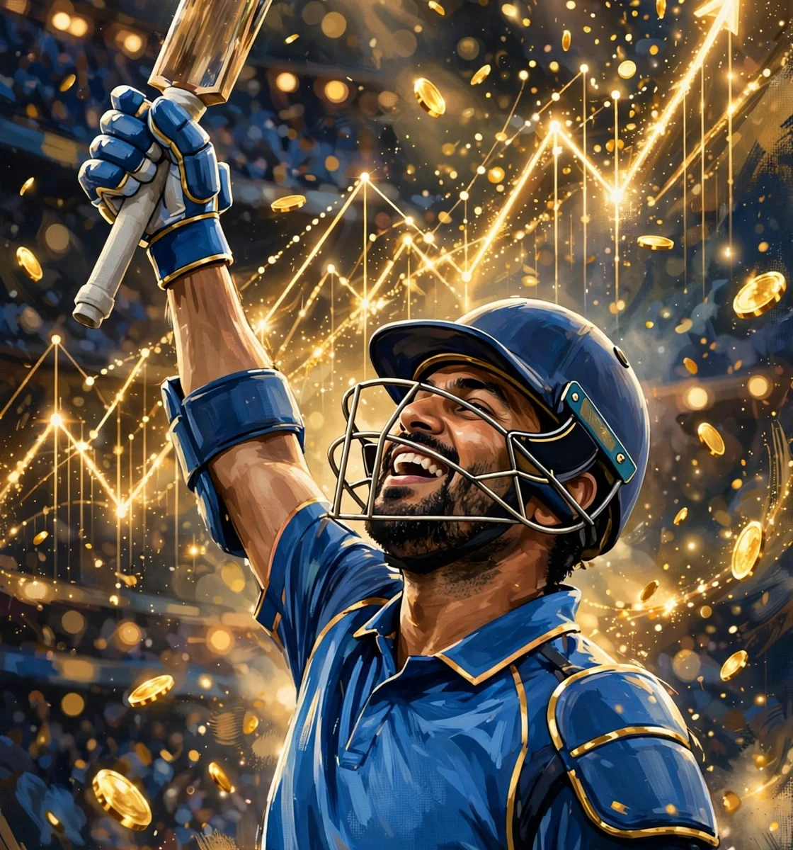 Stylized digital painting of a cricketer celebrating with golden wealth motifs for Virat Kohli net worth 2026