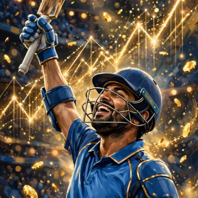 Stylized digital painting of a cricketer celebrating with golden wealth motifs for Virat Kohli net worth 2026