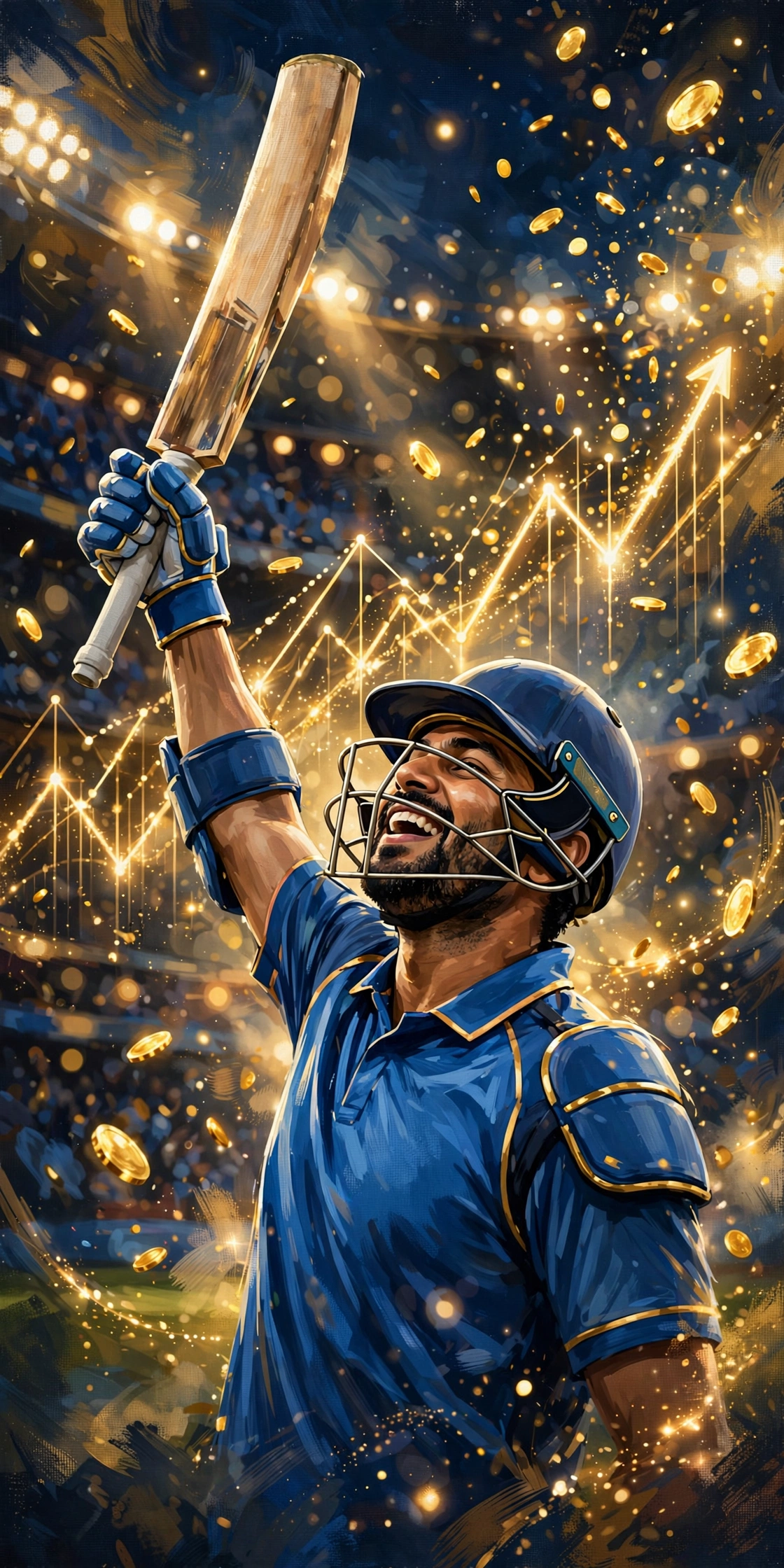 Stylized digital painting of a cricketer celebrating with golden wealth motifs for Virat Kohli net worth 2026