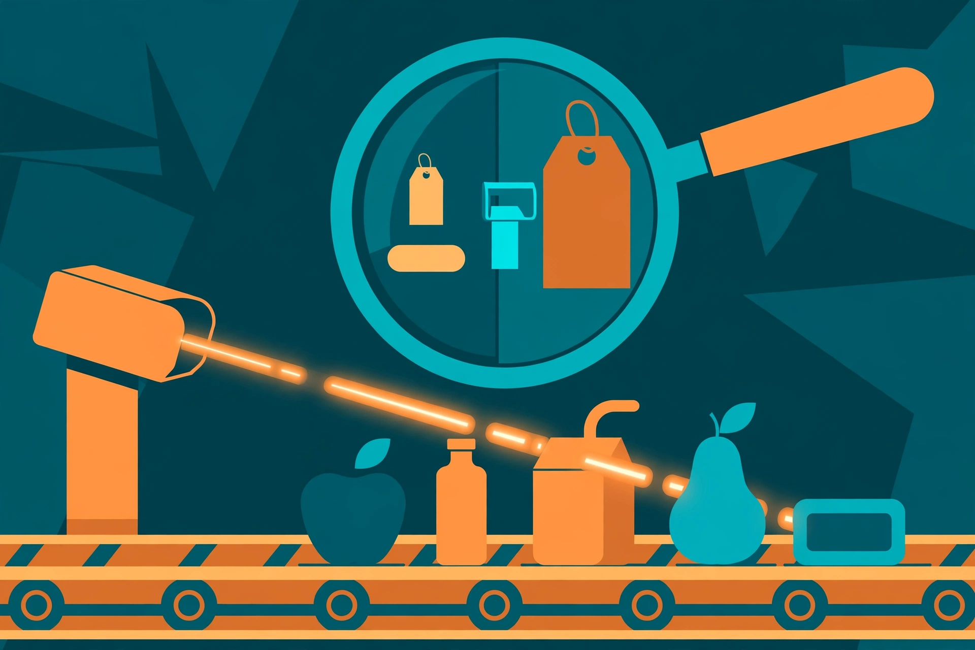 Editorial illustration of a checkout scanner laser over grocery items with a magnifying glass revealing a mismatch between shelf price and scanned price