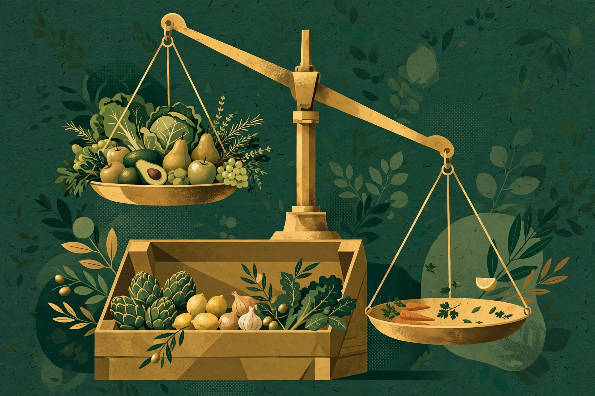 Editorial illustration of a brass produce scale tipping unevenly over fresh fruits and vegetables, symbolizing underweight product packaging