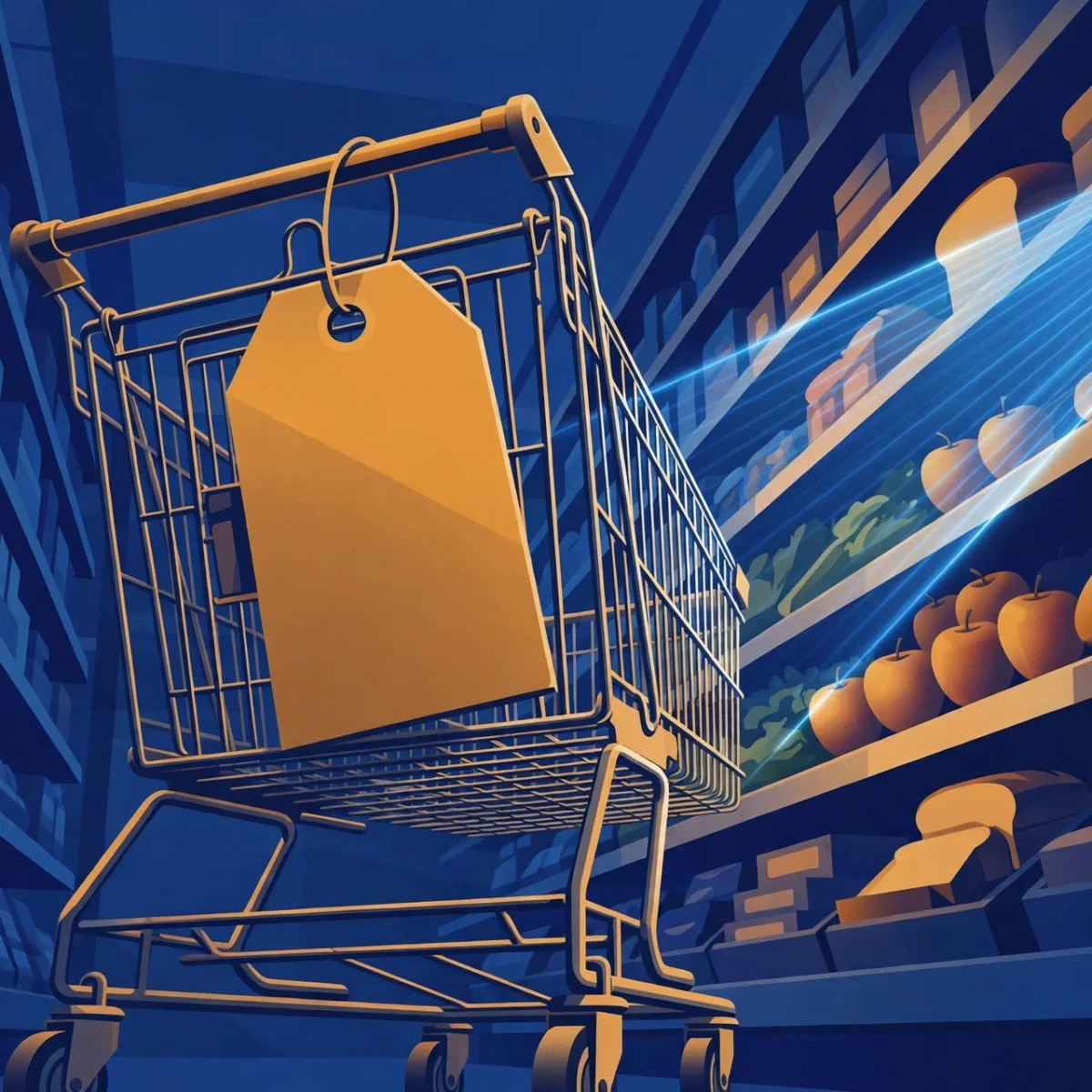 Editorial illustration of a shopping cart with a large price tag beside a grocery shelf, with a checkout scanner beam sweeping across produce and baked goods