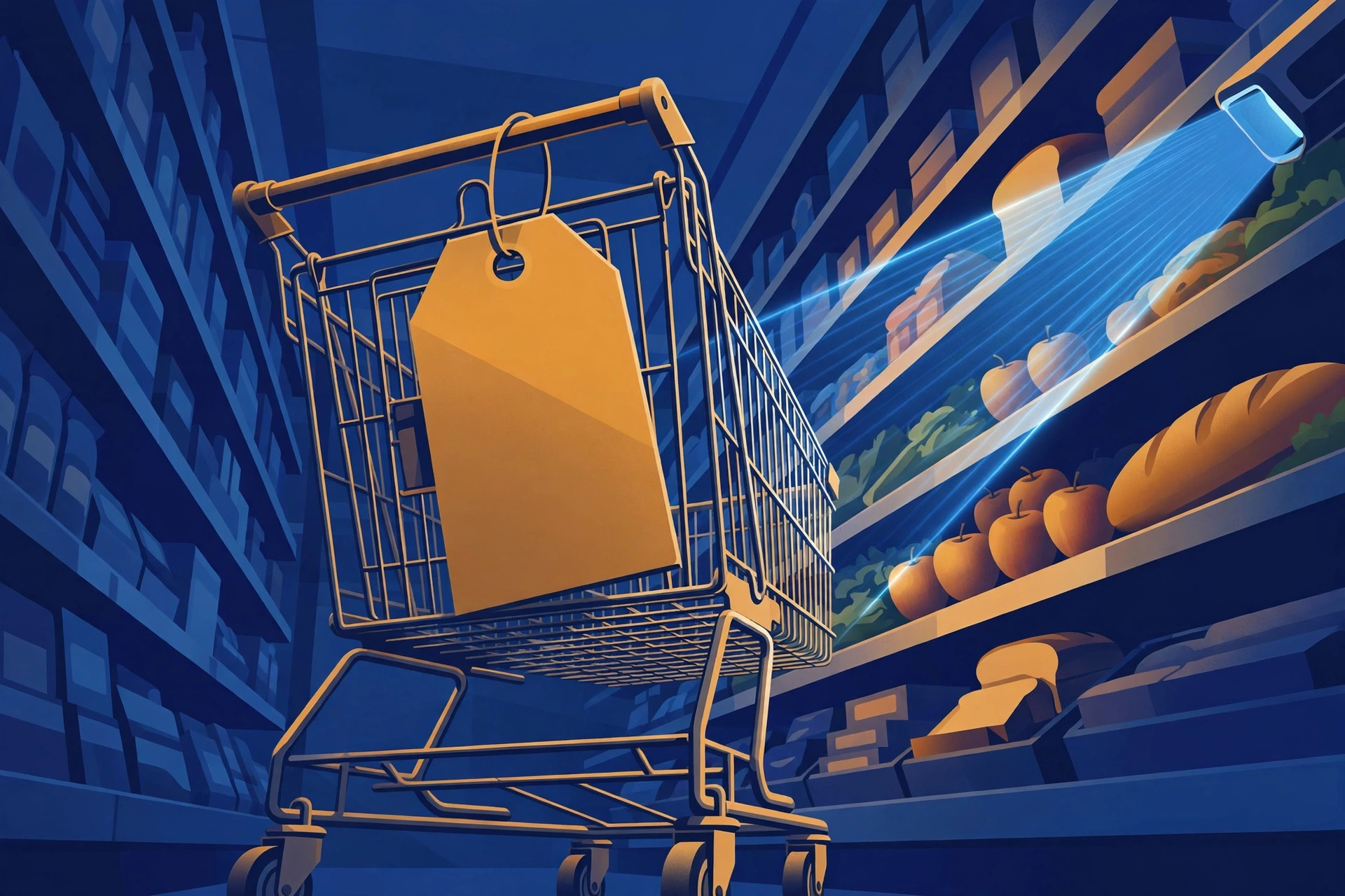 Editorial illustration of a shopping cart with a large price tag beside a grocery shelf, with a checkout scanner beam sweeping across produce and baked goods