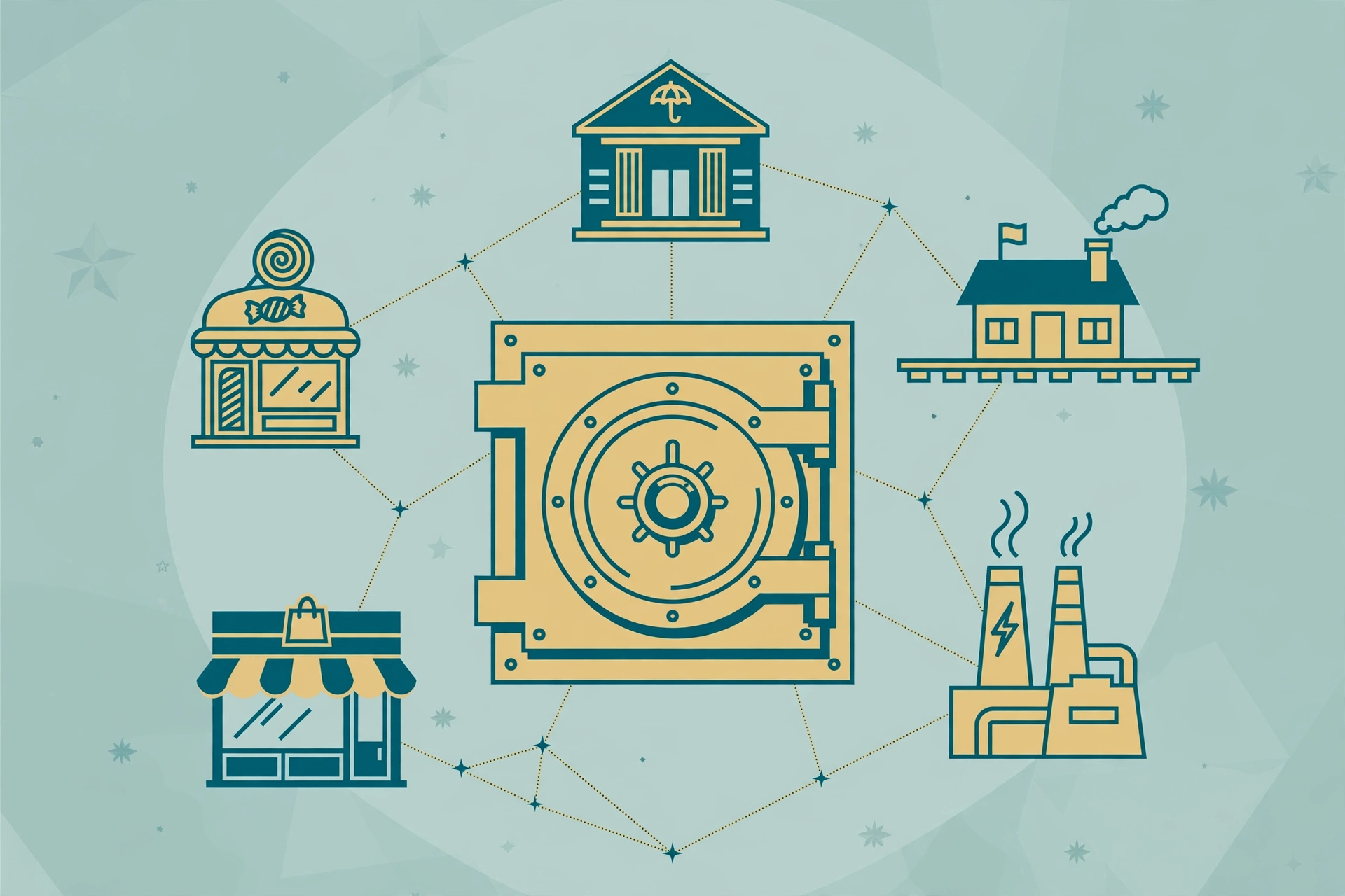 Abstract illustration of diversified company buildings around a vault representing Berkshire Hathaway holdings and Buffett wealth