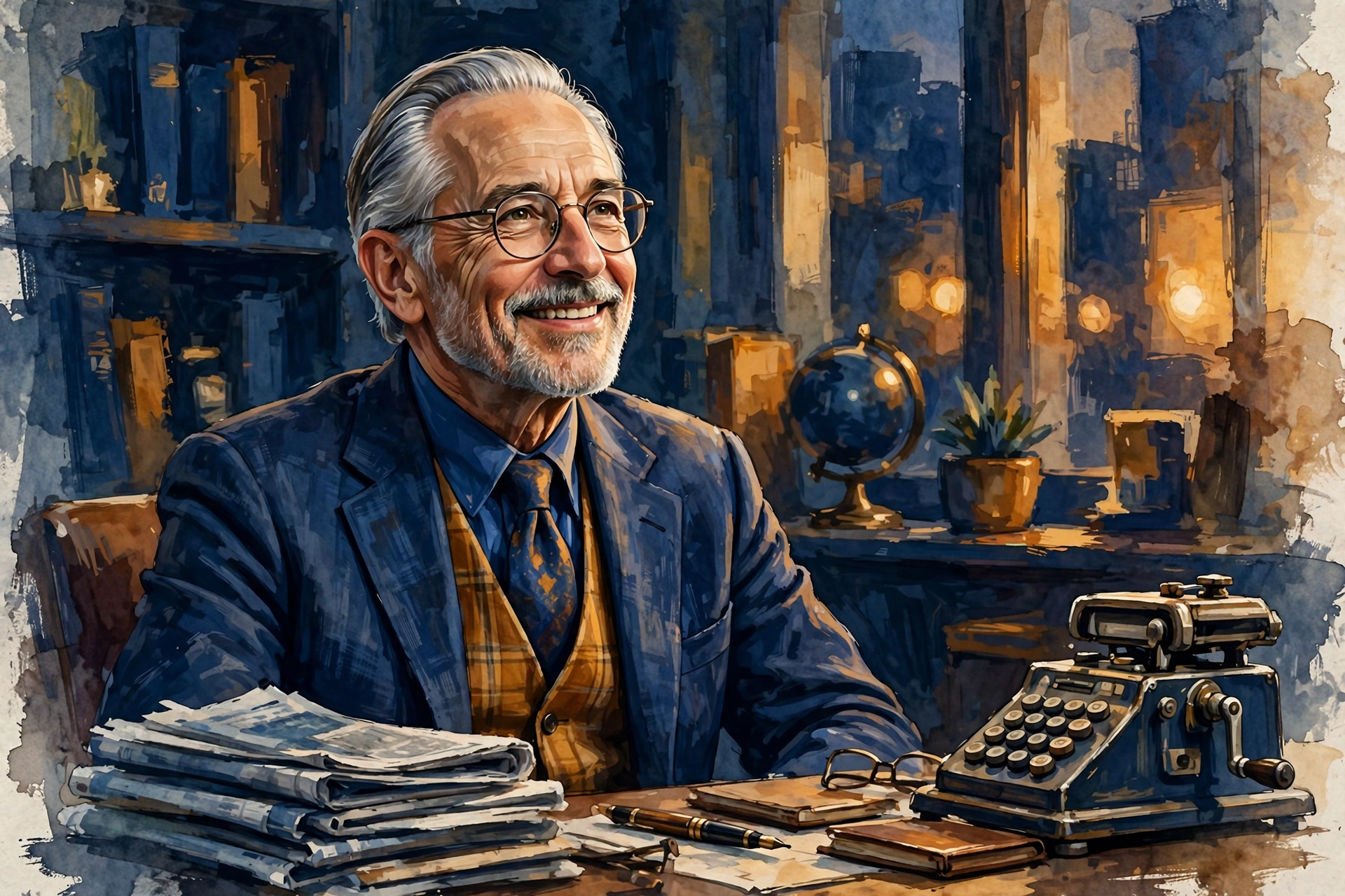 Stylized digital painting of an elderly investor at a desk with newspapers, illustrating Warren Buffett net worth 2026