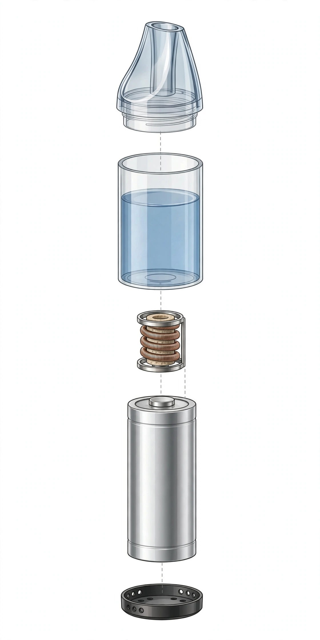 Exploded diagram showing disposable vape parts: battery, coil, liquid chamber, mouthpiece