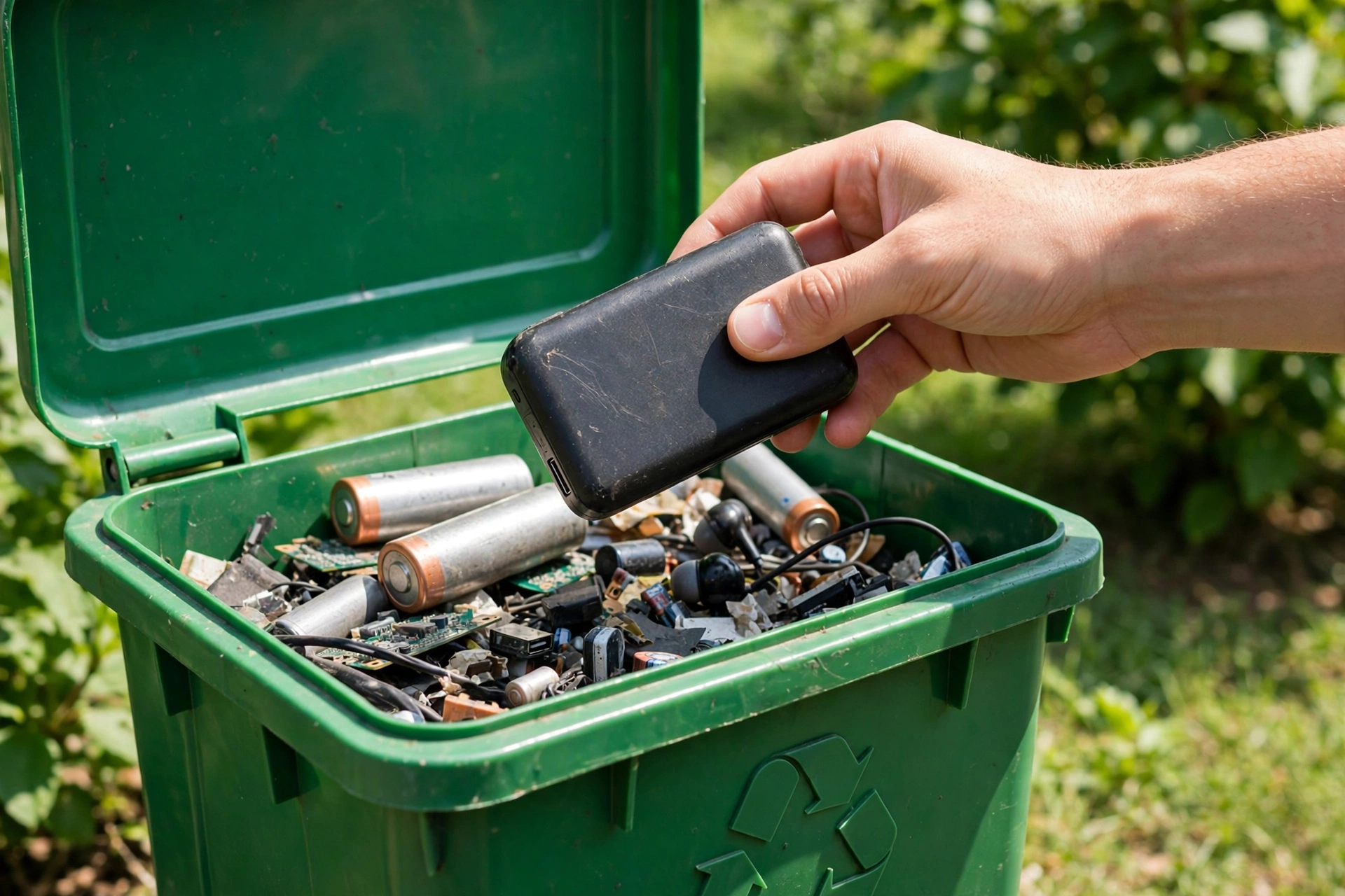 Hand placing a used vape device into an e-waste battery recycling bin