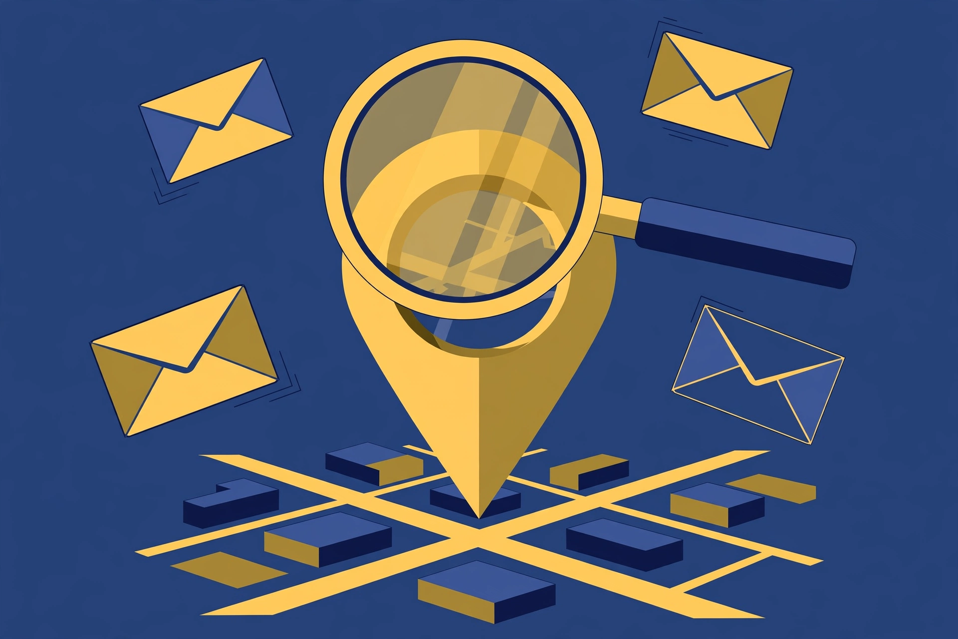 Map pin and envelopes showing registered agent physical address requirement