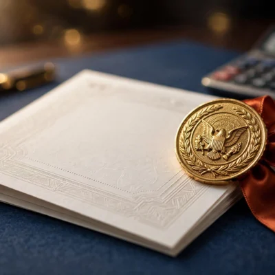 Illustration of a federal tax document with an official gold seal representing an EIN issued by the IRS