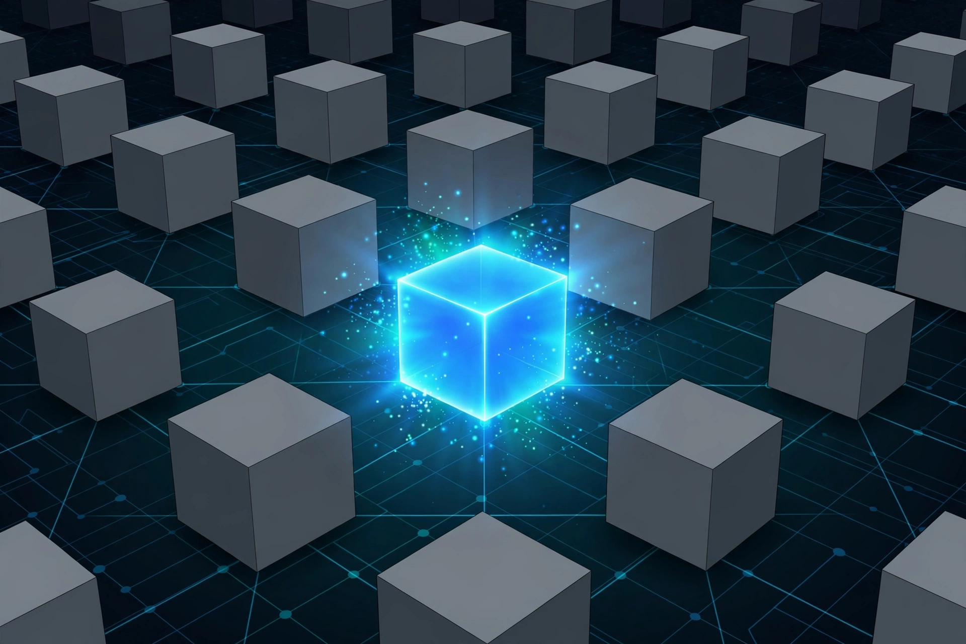 One unique glowing cube among identical gray cubes illustrating how NFTs differ from fungible tokens