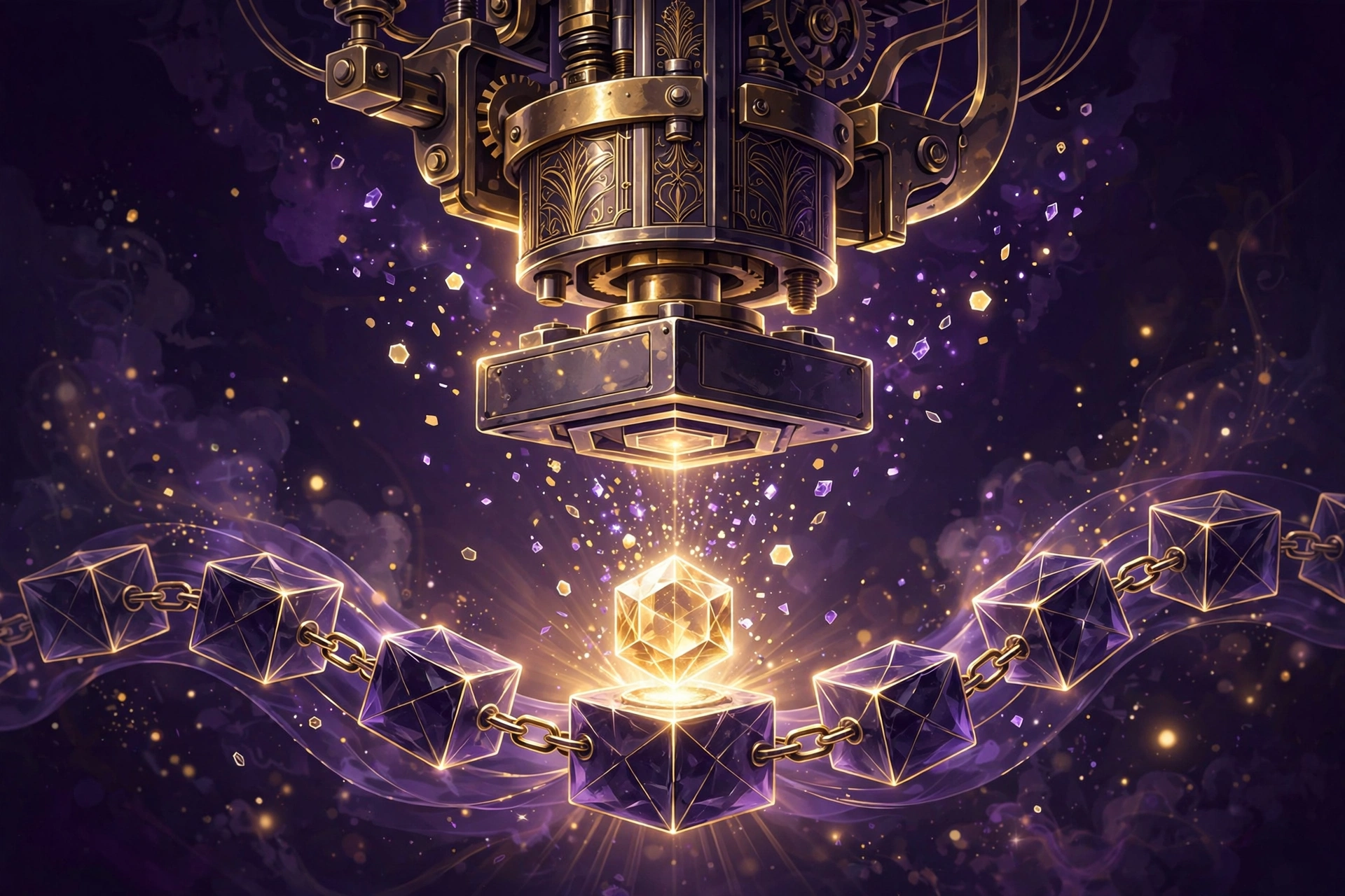 Abstract illustration of NFT minting as a press die stamps a unique token onto linked blockchain blocks