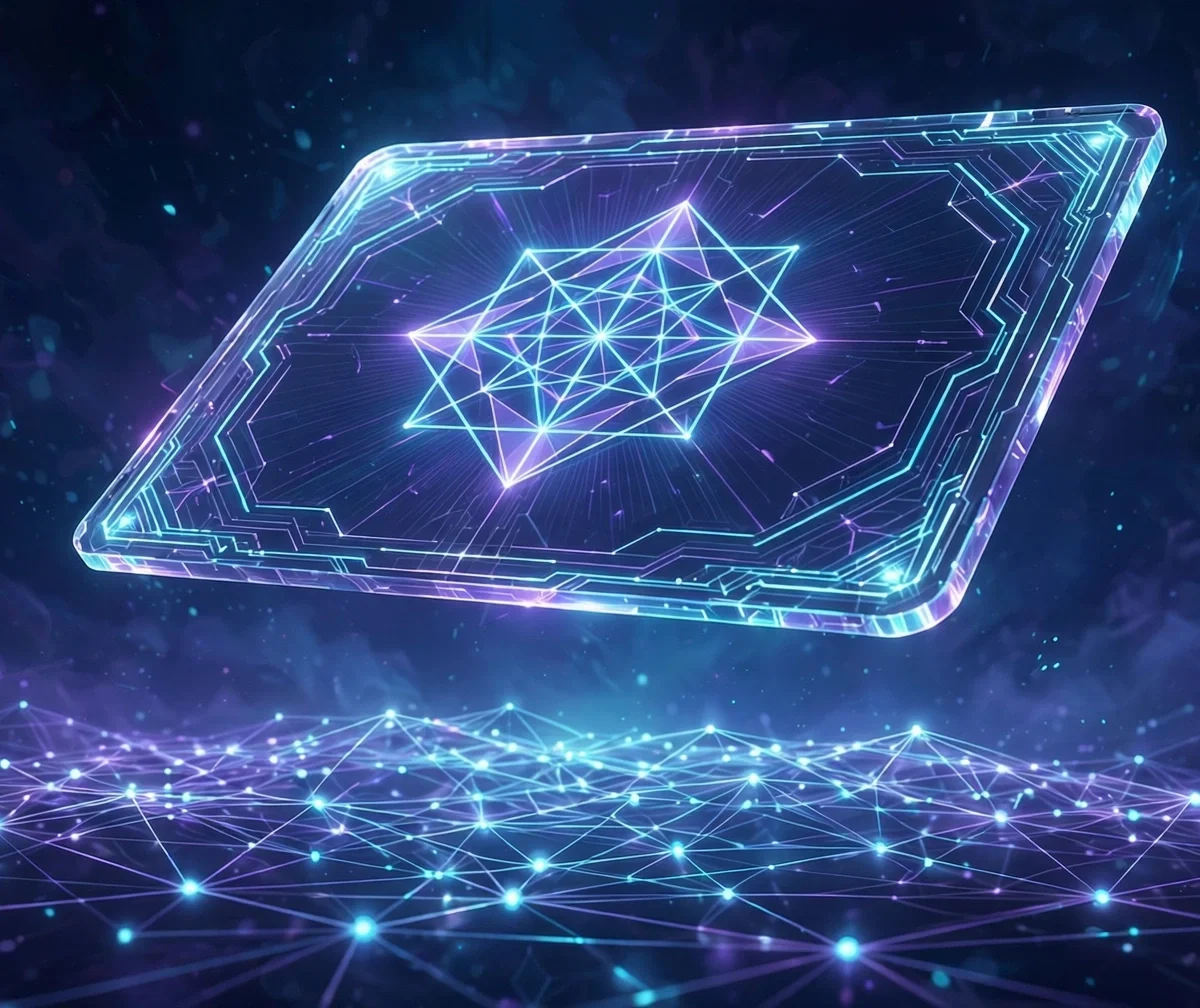 Glowing digital NFT collectible card floating above a blockchain network of connected nodes
