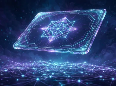 Glowing digital NFT collectible card floating above a blockchain network of connected nodes