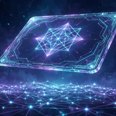 Glowing digital NFT collectible card floating above a blockchain network of connected nodes