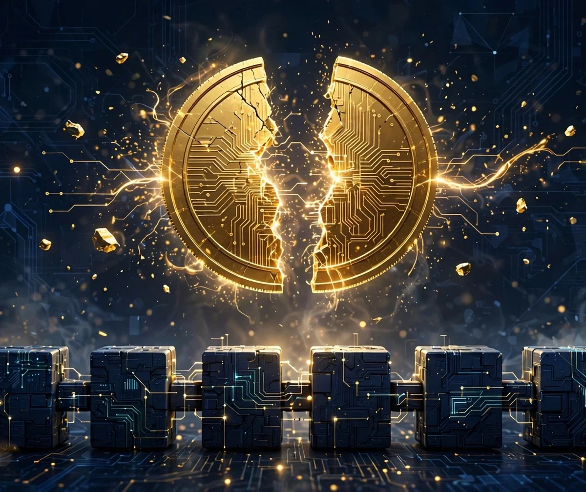 Golden Bitcoin coin splitting in half above blockchain blocks, illustrating the Bitcoin halving event