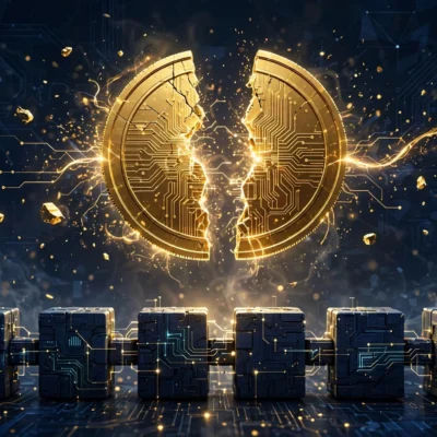 Golden Bitcoin coin splitting in half above blockchain blocks, illustrating the Bitcoin halving event