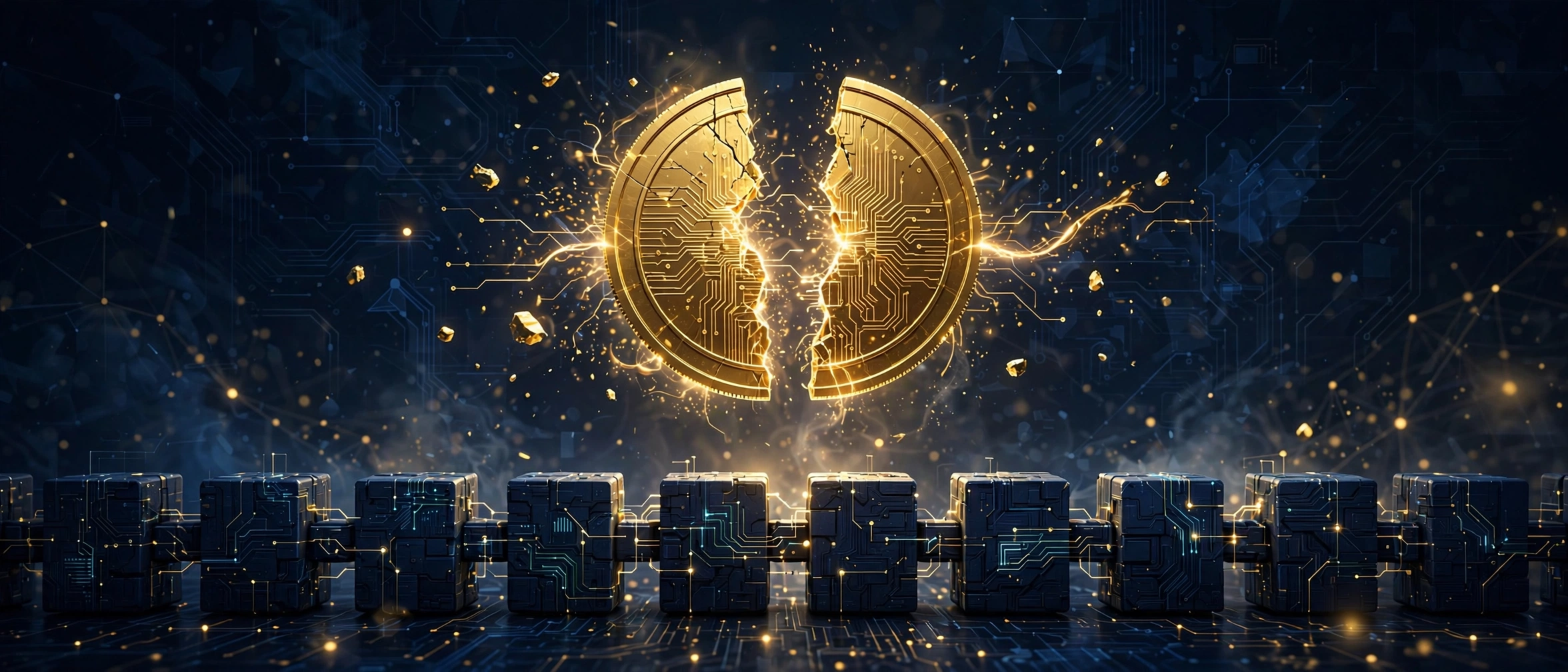 Golden Bitcoin coin splitting in half above blockchain blocks, illustrating the Bitcoin halving event