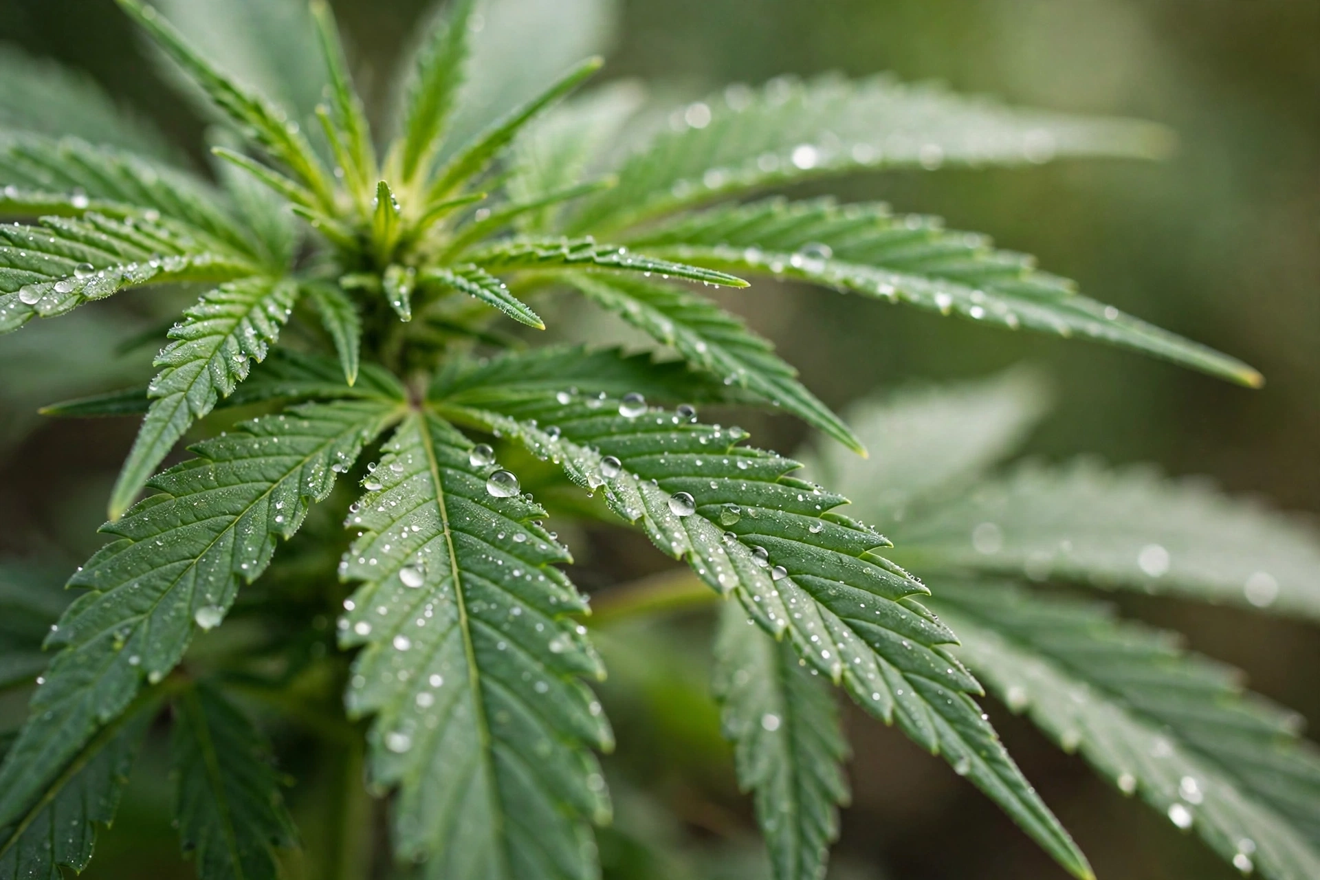 Macro photograph of green hemp plant leaves with morning dew drops