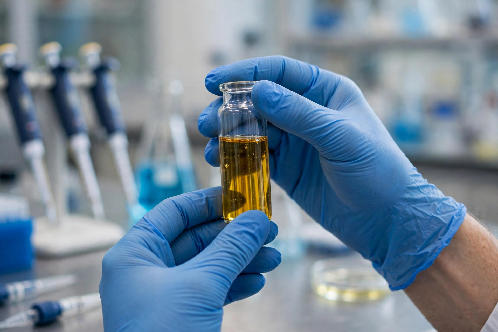 Scientist holding a glass vial of golden CBD oil for quality testing in a laboratory