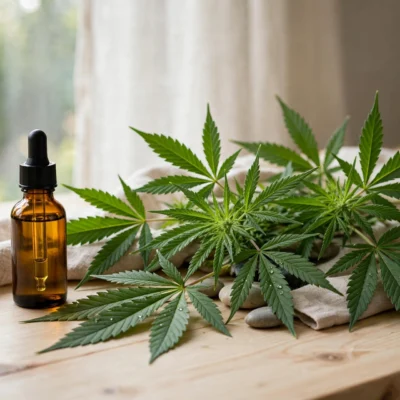 CBD oil dropper bottle beside fresh hemp leaves on a wooden table in natural light