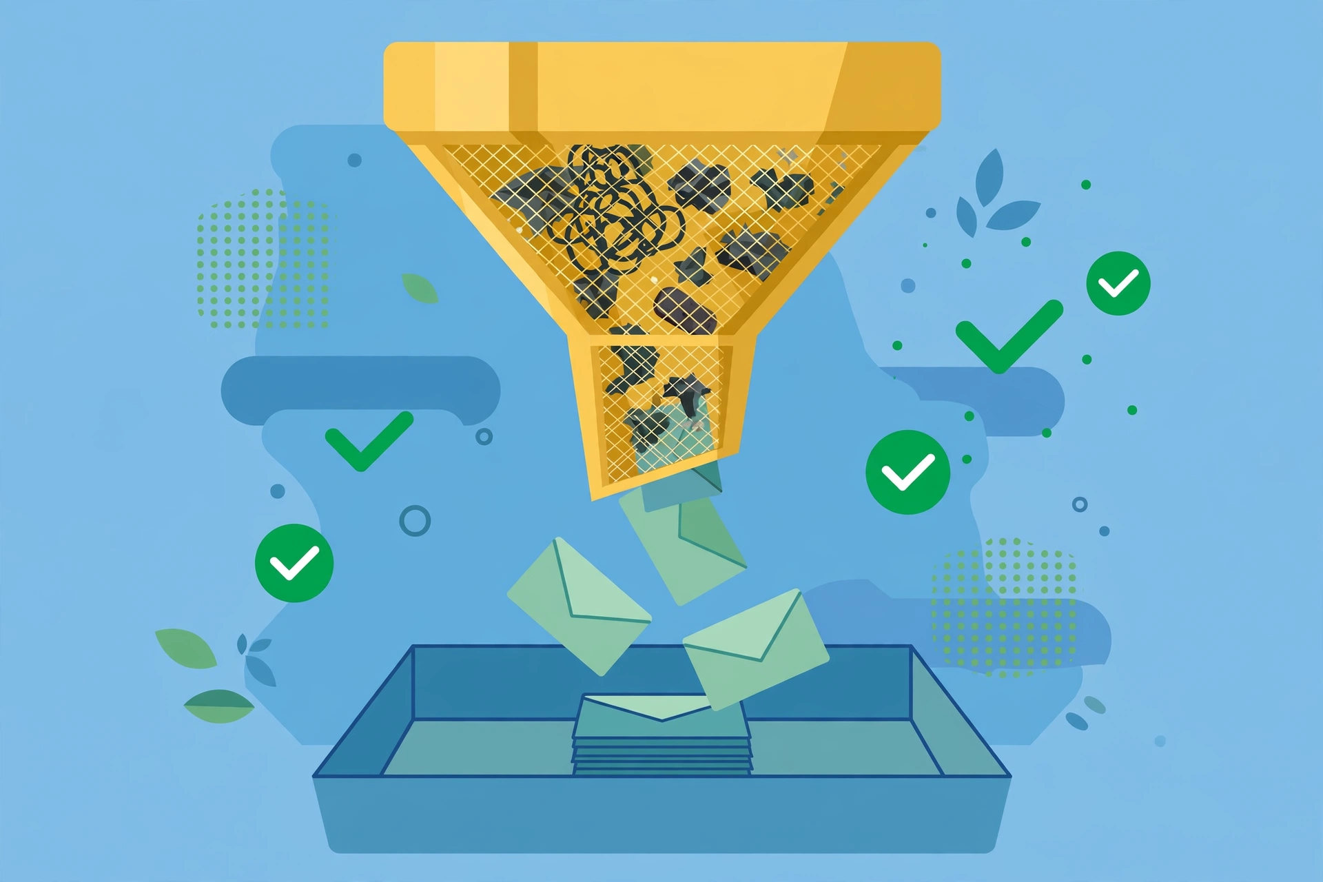 Spam filter funnel letting clean emails reach the inbox while junk is caught