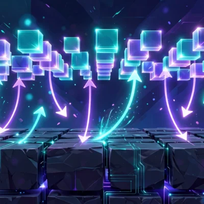 Two stacked blockchain layers with arrows showing how Layer 2 scaling networks settle to Ethereum