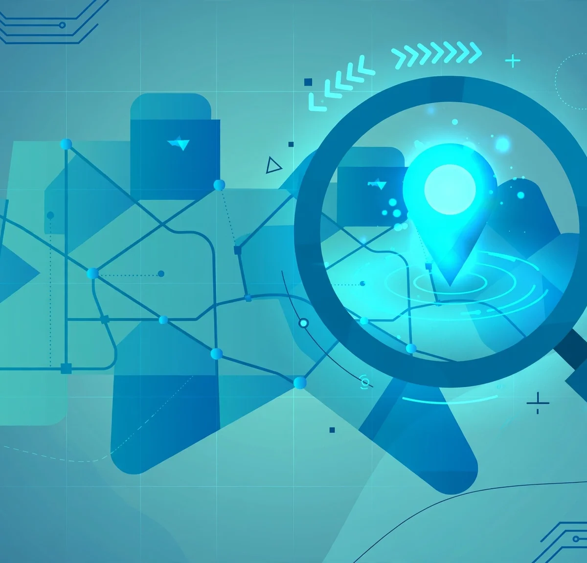 Illustration of a map with a glowing location pin and magnifying glass representing local SEO and local search marketing