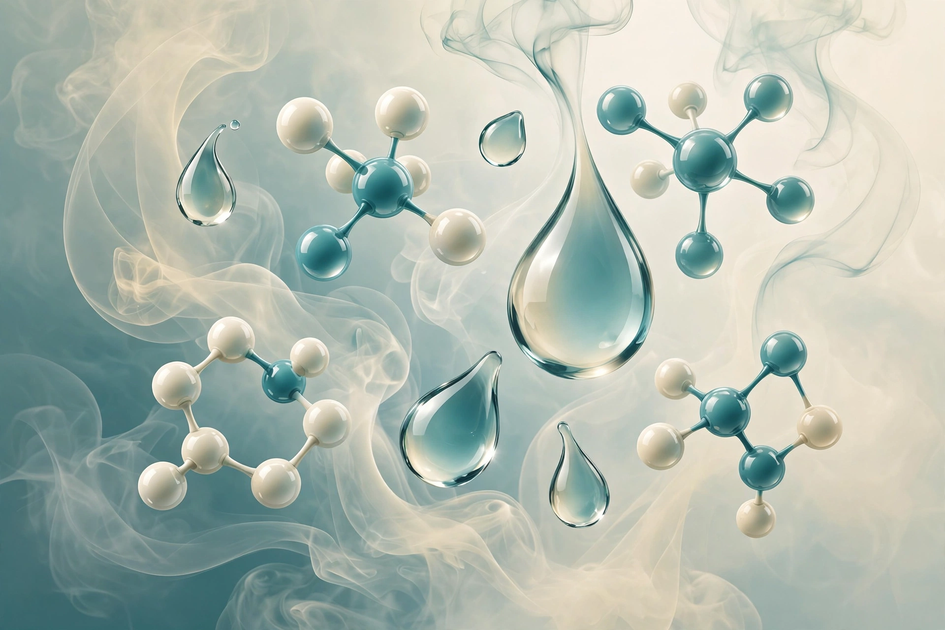 Abstract droplets and vapor wisps representing propylene glycol and vegetable glycerin in vape juice