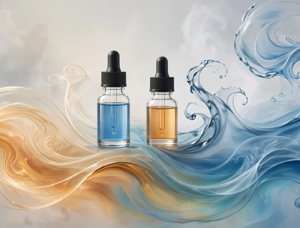 Glass e-liquid bottles with swirling blue and amber liquid waves illustrating vape juice ingredients