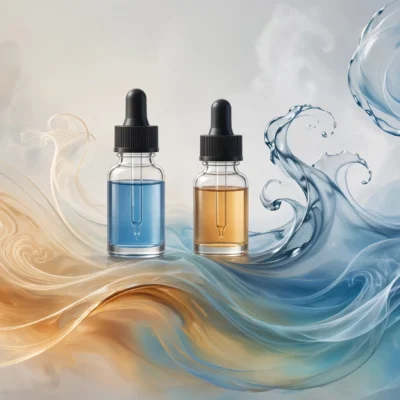 Glass e-liquid bottles with swirling blue and amber liquid waves illustrating vape juice ingredients