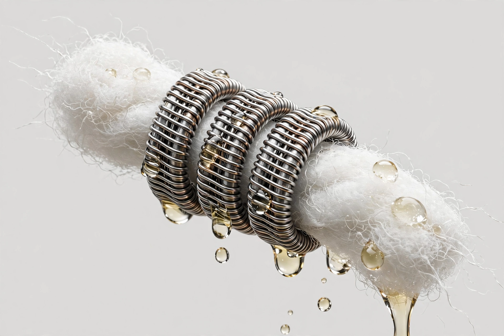 Close-up of vape coil and cotton wick with e-liquid droplets, burnt coil troubleshooting illustration