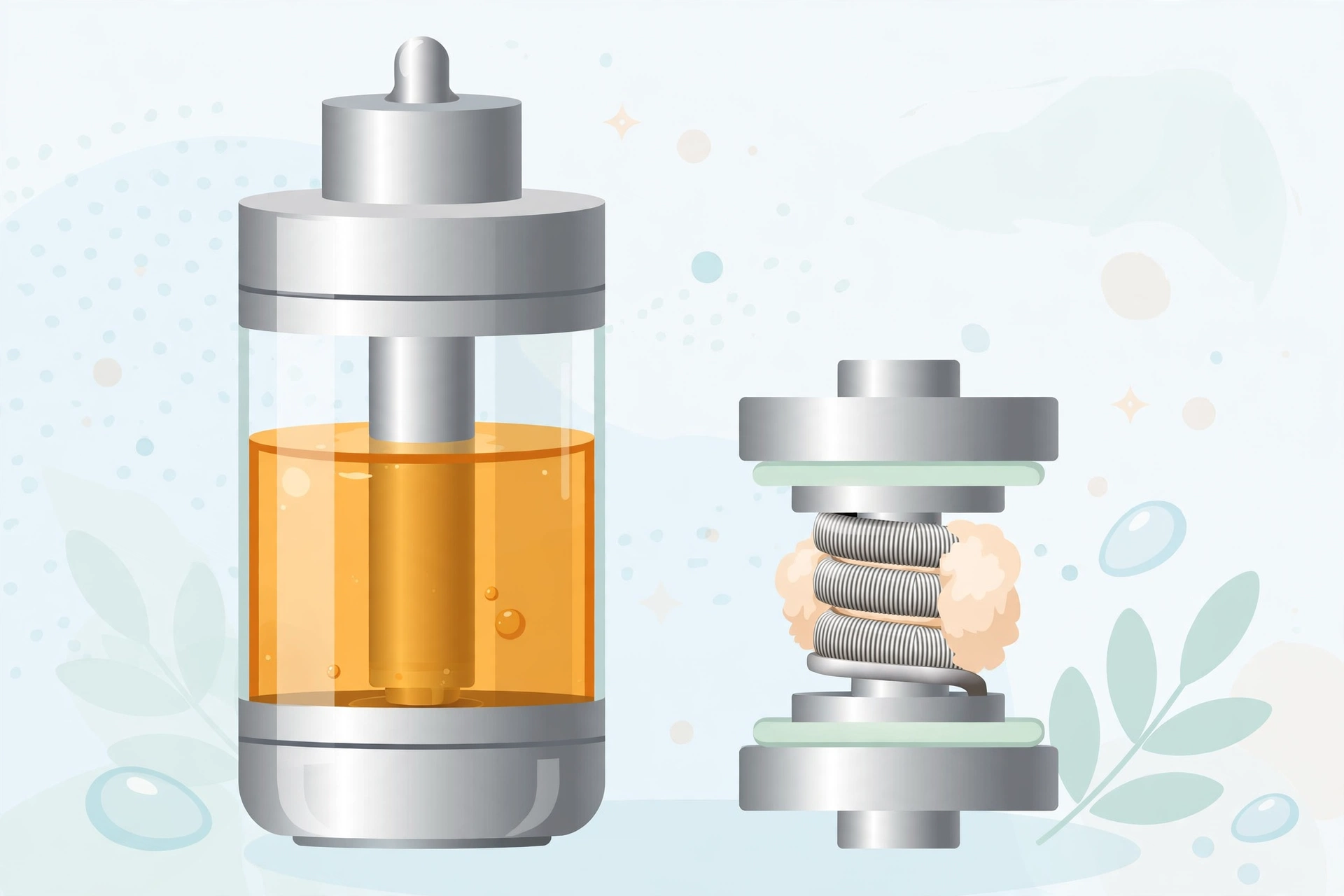 Glass vape tank with amber e-liquid beside coil, clean device illustration
