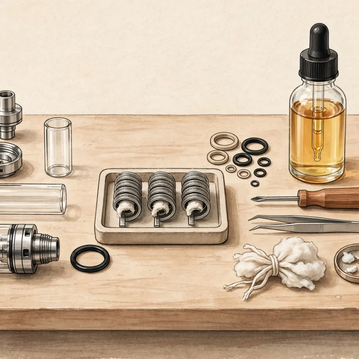 Vape tank and replacement coil parts with e-liquid bottle, burnt taste troubleshooting