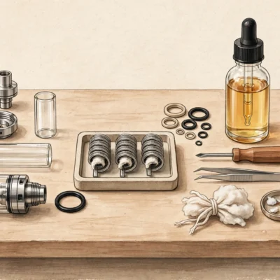 Vape tank and replacement coil parts with e-liquid bottle, burnt taste troubleshooting