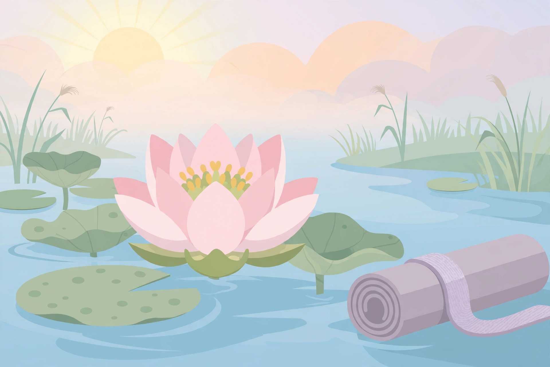 Lotus flower on calm water with a rolled yoga mat for yoga practice and relaxation